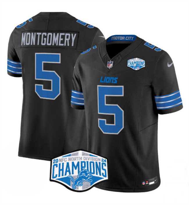 Mens Detroit Lions #5 David Montgomery Black 2024 NFC North Champions F.U.S.E. Vapor Limited Stitched Jersey
